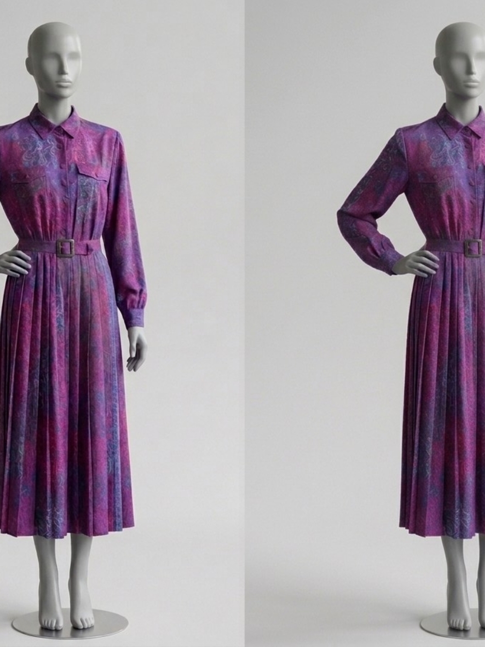 Vintage 80s Don Elliot Magenta Teal Paisley Pleated Shirtwaist Dress Size(12)